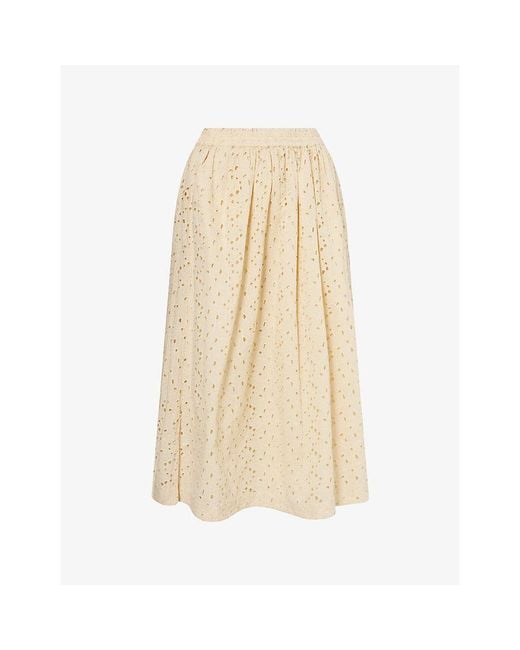 Skall Studio Natural Dagny Embroidered Floral Print Cotton Midi Skirt