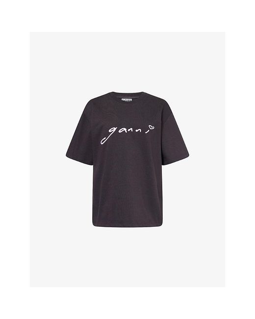 Ganni Blue Logo-Embroidered Relaxed-Fit Cotton T-Shirt