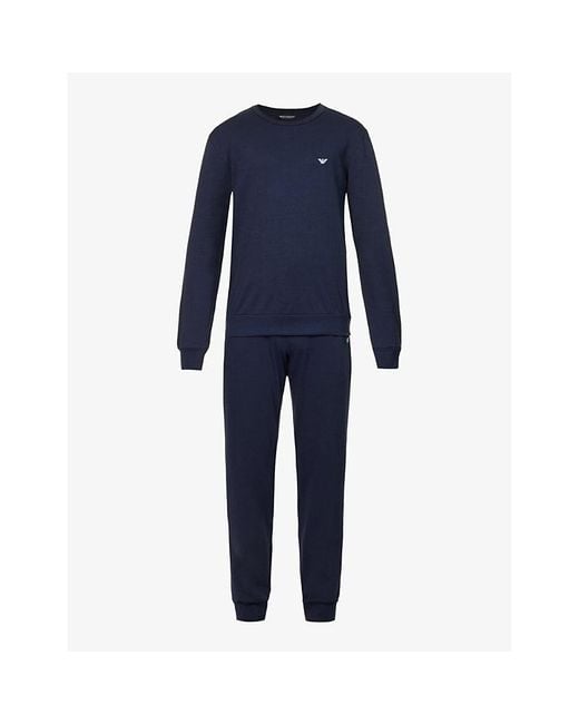 Emporio Armani Brand embroidered Cotton jersey Pyjama Set in Blue