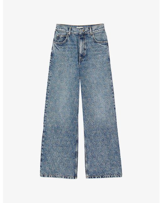Sandro Blue Heart-print Wide-leg Mid-rise Denim Jeans