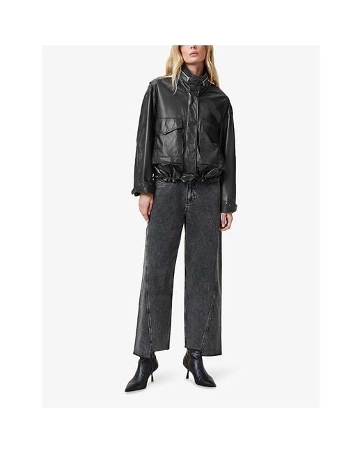 AllSaints Black Clay Funnel-Neck Cropped Leather Jacket