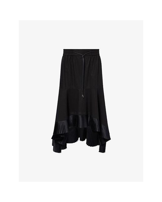 Sacai Black Pleated Asymmetric Cotton Midi Skirt