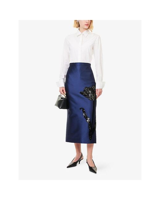 Erdem Blue Embroidered Satin Pencil Midi Skirt