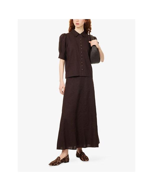 ME+EM Brown Crease-Less Pouf-Sleeve Linen-Blend Top