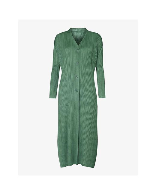 Pleats Please Issey Miyake Green December Pleated Slim-fit Knitted Coat