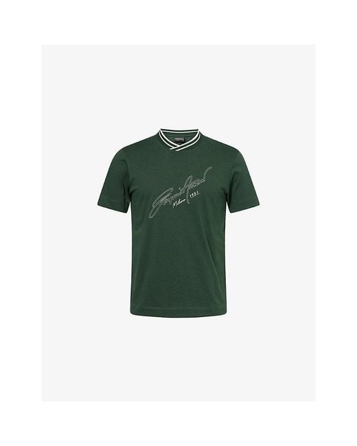 Emporio Armani Green Script Logo-Embroidered Cotton T-Shirt for men