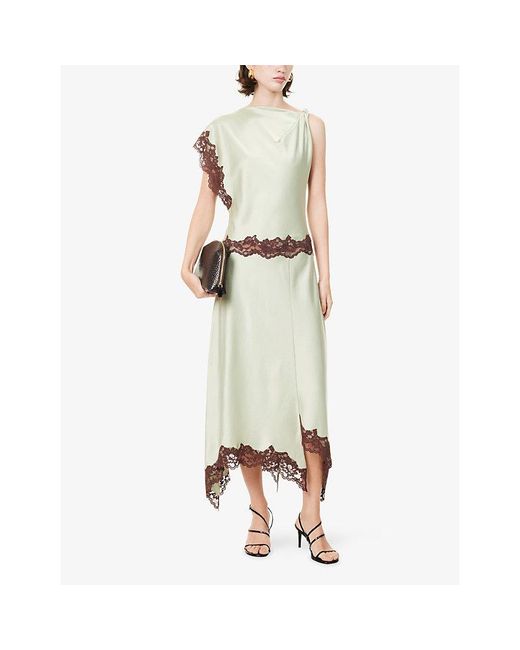 De La Vali Green Adriana Asymmetric Satin Midi Dress