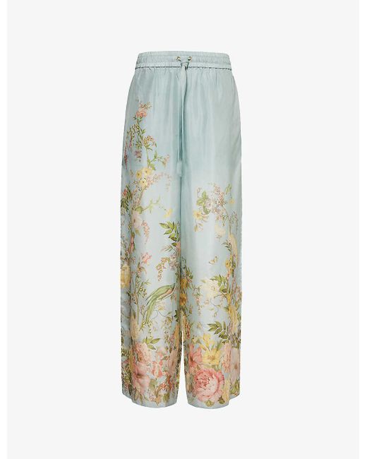 Zimmermann Blue Waverly Floral-print Straight-leg High-rise Silk Trousers