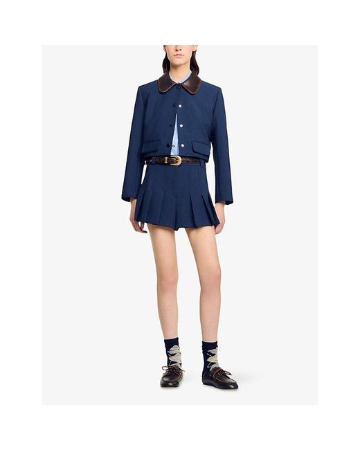 Sandro Blue High-Rise Pleated Stretch-Woven Shorts