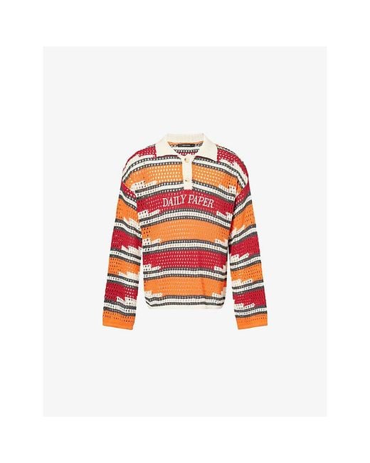 Daily Paper Red Kente Striped Knitted Polo Top for men