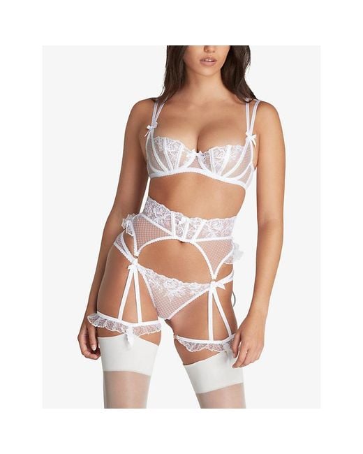 Agent Provocateur White Rosia Bow-Embroidered Mid-Rise Woven Suspender Belt
