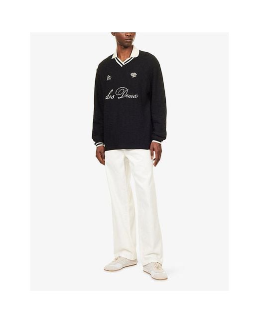 Les Deux Black Brand-Embroidered Waffle-Knit Cotton-Blend Football Jersey Jumper for men