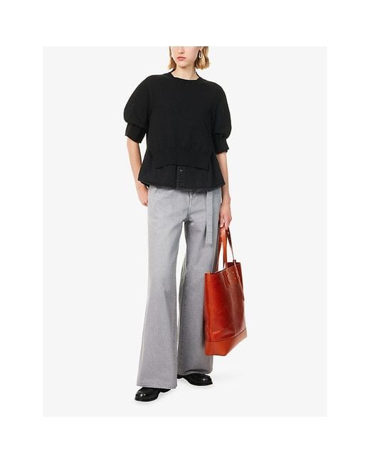 Sacai Black Short-Sleeve Layered Cotton-Knit And Denim Top