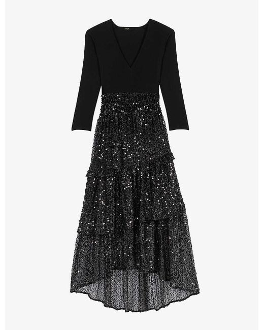 Maje Resther Knitted And Sequin-embellished Maxi Dress in Black | Lyst