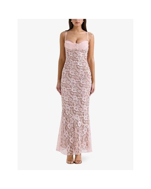 House Of Cb Pink Azzurra Floral-embroidered Woven Maxi Dress