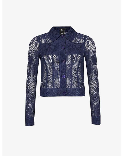 Sinead Gorey Blue Floral-pattern Chest-pocket Lace Jacket