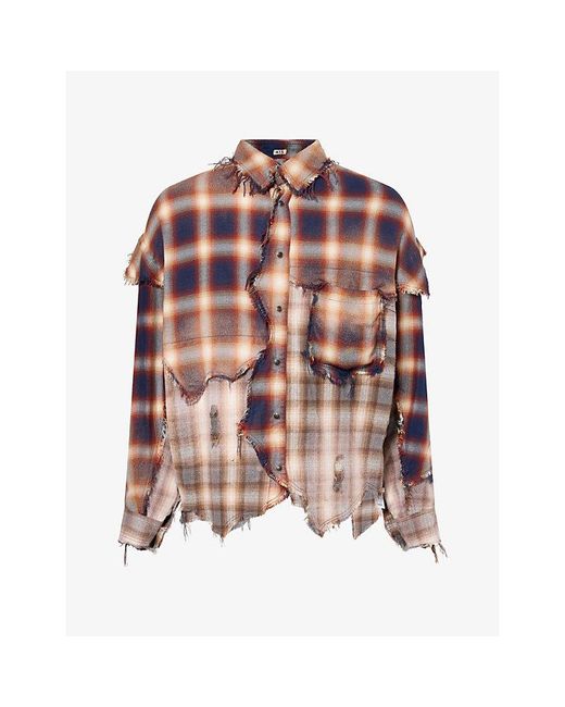 KHOKI Pink Distressed Checked Long-Sleeve Jersey Shirt for men