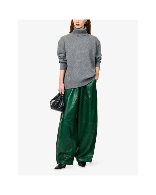 Frankie Shop Green Oakdale Wide-Leg Leather Trousers