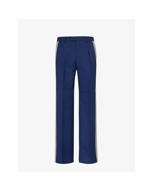 Gucci Blue Brand-appliqué Pressed-crease Straight-leg Regular-fit Woven Trousers for men