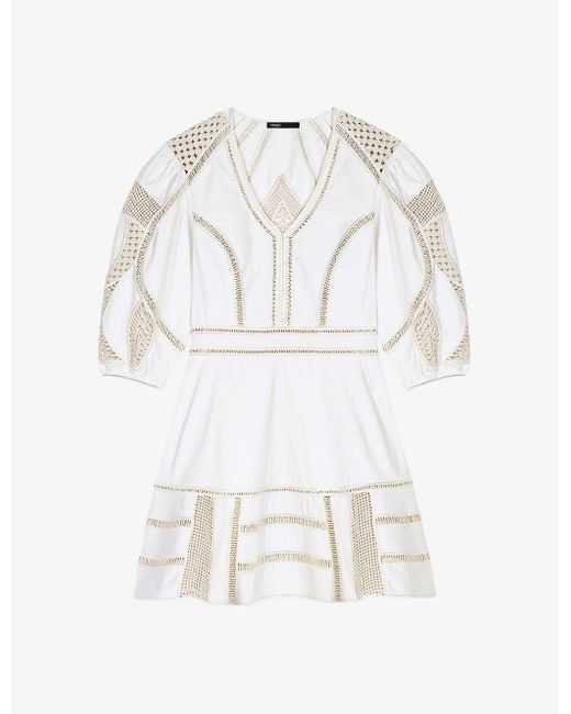 Maje White Crochet-embroidered Flared-skirt Cotton Mini Dress