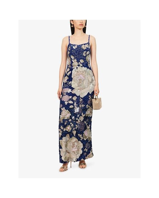 La Fuori Blue Velours De Minuit Sequinned Maxi Dress
