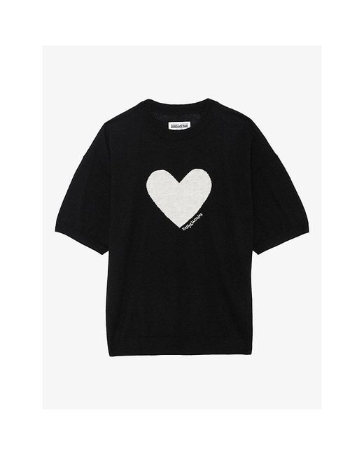 Zadig & Voltaire Black Idaz Heart-Motif Short-Sleeve Cashmere Jumper