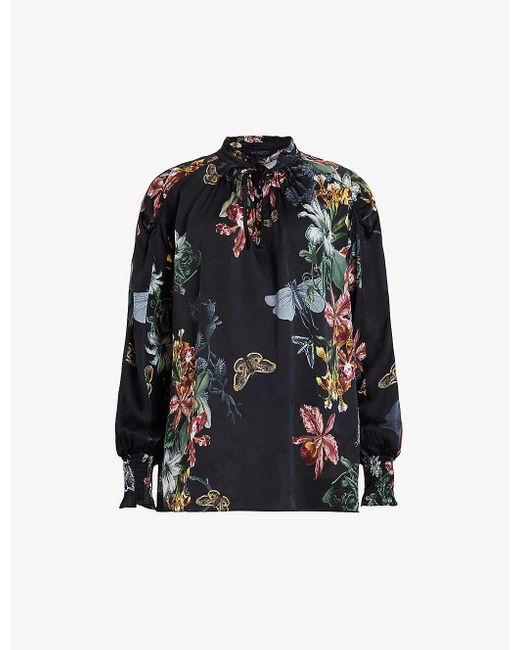 AllSaints Black Mari Sanibel Floral-print Woven Shirt