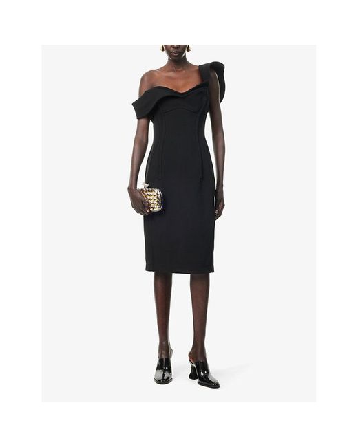 Bottega Veneta Black Sweetheart-neck Double-layered Wool Midi Dress