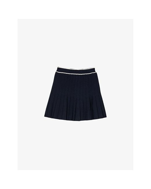 Sandro Blue Contrast-stripe Elasticated-waist Pleated Stretch-woven Mini Skirt