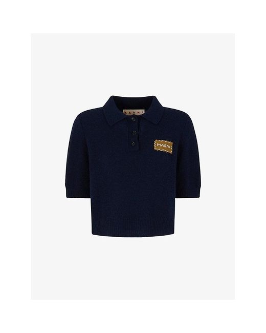 Marni Blue Branded-Patch Cropped Cashmere Polo Shirt