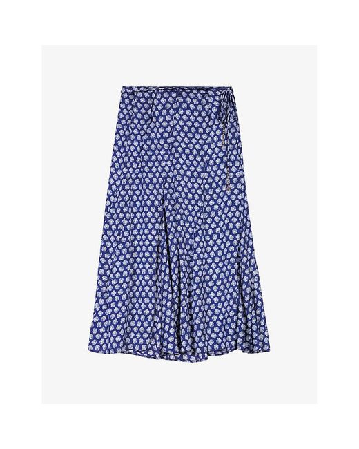 Maje Blue Floral-print Split-hem Woven Midi Skirt