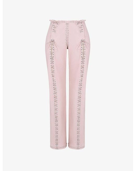 House Of Cb Pink Elliot Lace-up Straight-leg Mid-rise Faux-leather Trouser