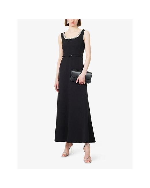 Roland Mouret Black Pearl-Embellished Scoop-Neck Woven Midi Dress