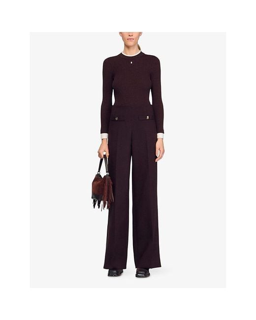 Sandro Brown Flared-Leg High-Rise Stretch-Woven Trousers