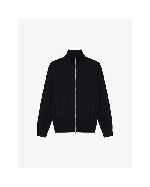 Reiss Blue Hampshire Funnel-Neck Zip-Through Merino-Wool Cardigan for men