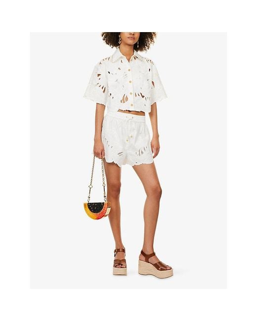 Zimmermann White Mahon Embroidered Cropped Cotton Shirt
