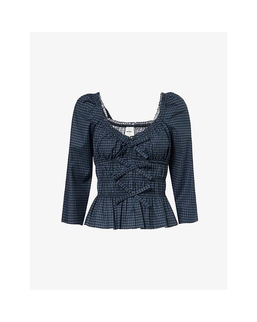 Reformation Blue Lauryn Check-Print Stretch-Cotton Top