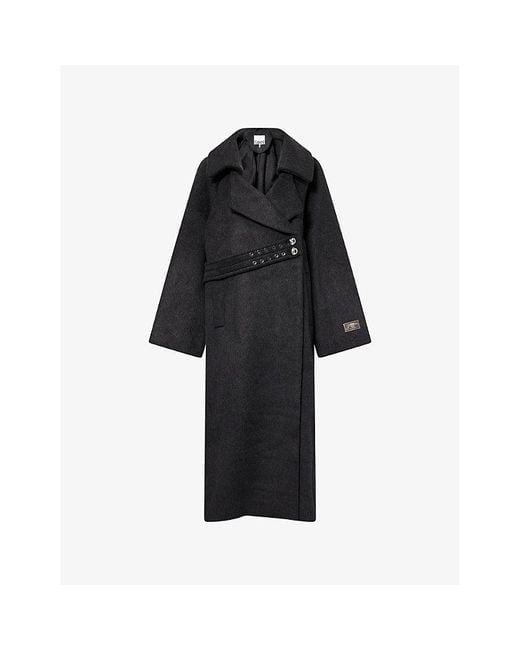 Ganni Black Relaxed-Fit Notch-Lapel Wool-Blend Coat