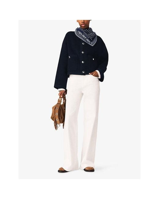 Maje Blue Braided-Trim Patch-Pocket Wool-Blend Jacket
