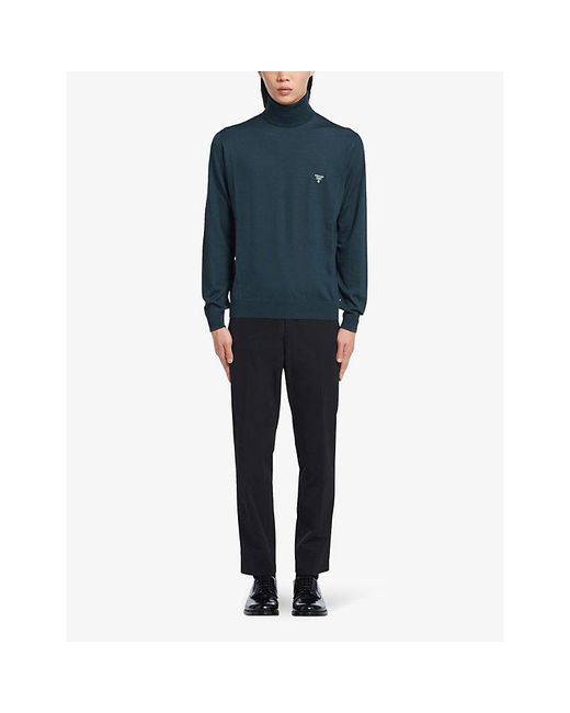 Prada Blue Bottle Logo-Print Turtleneck Wool Jumper for men