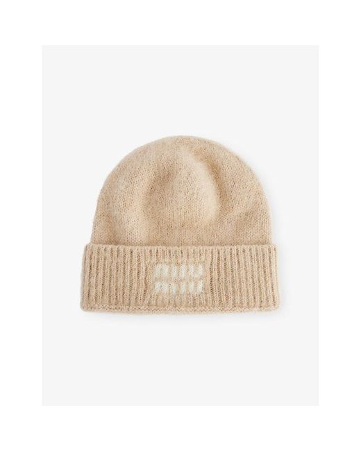 Miu Miu Natural Logo-Print Mohair-Wool Beanie Hat