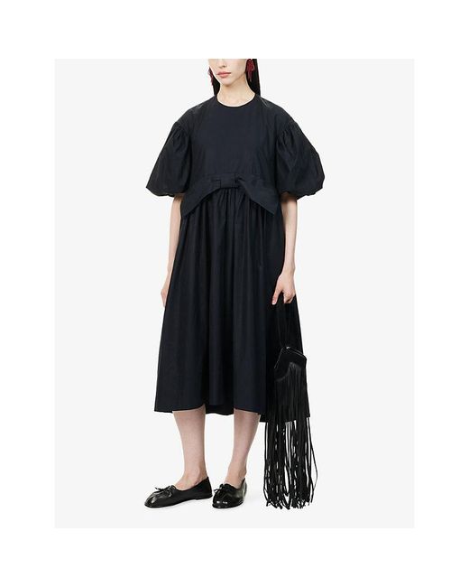 Simone Rocha Black Puff-Sleeve Gathered Bow Cotton Midi Dress