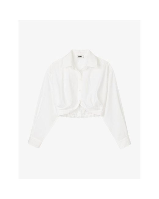 Sandro White Curved-hem Cropped Cotton Shirt