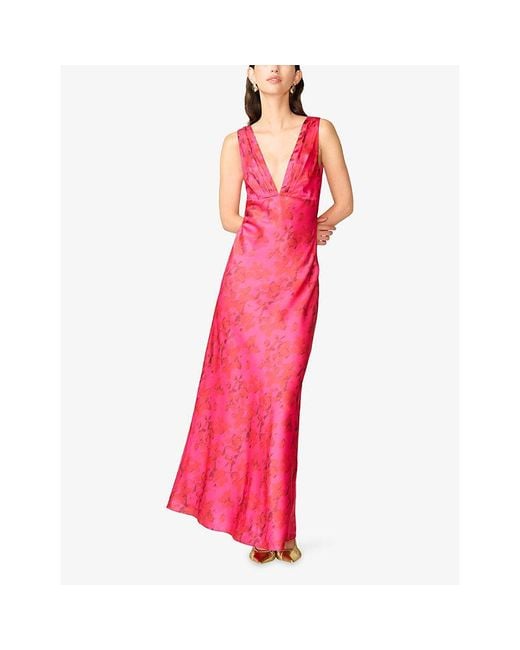 OMNES Red Casey Floral-Print Satin Maxi Dress