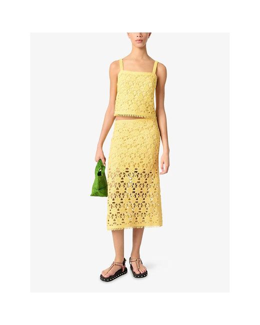 Maje Yellow Openwork Slim-Fit High-Rise Crochet Midi Skirt