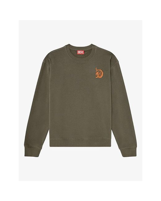 DIESEL Green Embroidered Flock-Print Crewneck Cotton Jumper for men