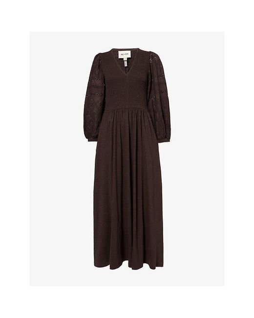 ME+EM Brown Embroidered Mixed Media Cotton Maxi Dress