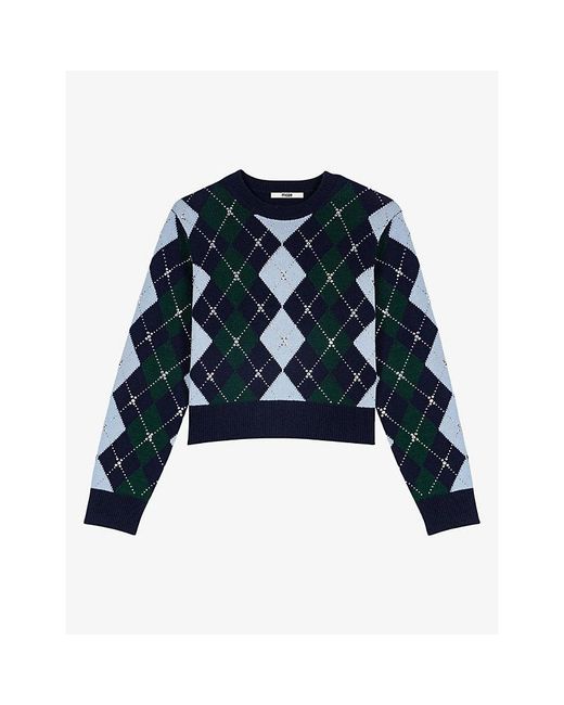 Maje Blue Rhinestone-Embellished Argyle-Pattern Wool Jumper