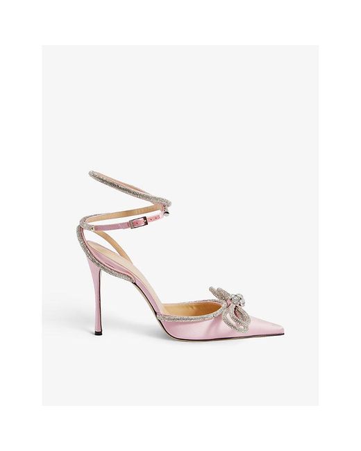 Mach & Mach Pink Double Bow Crystal-embellished Satin Heeled Sandals