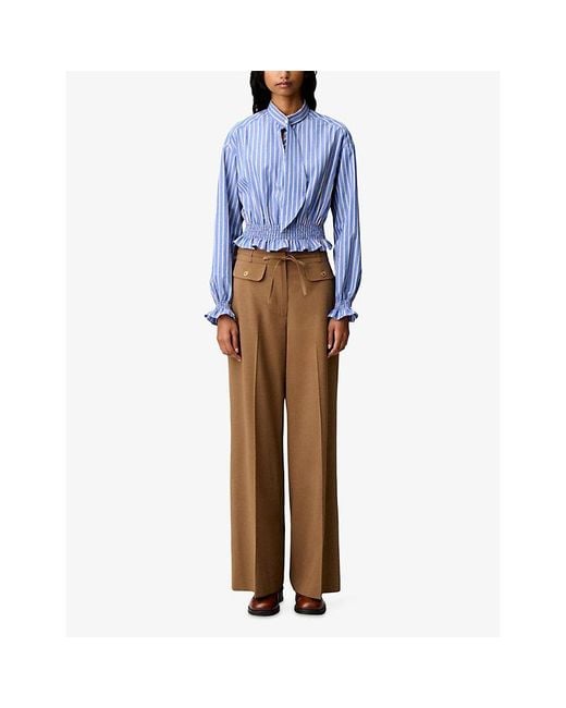 Claudie Pierlot Blue Striped Tie-Neck Cotton-Poplin Shirt